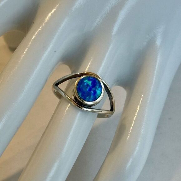 Circle Blue Opal Eye Ring Sterling Silver - Picture 1 of 5